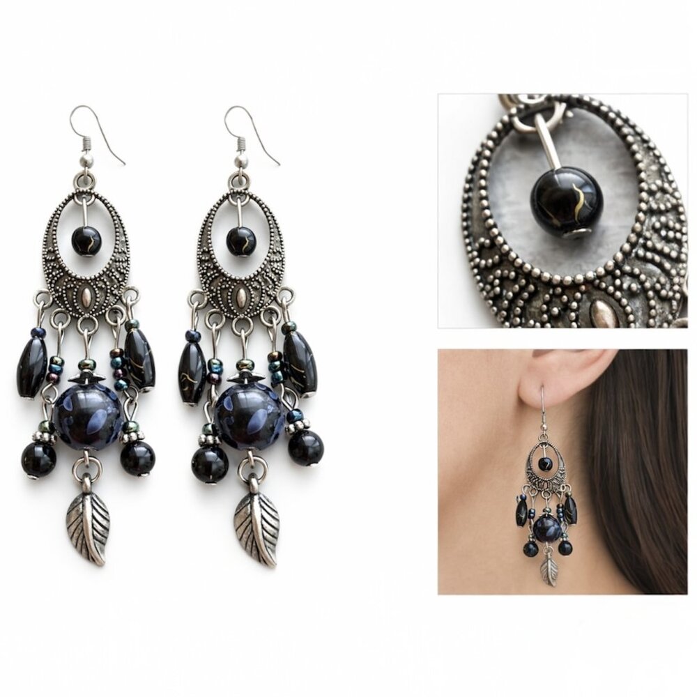 Rhinestone Statement Drop Earrings Antique Bronze Tone Boho Dangle